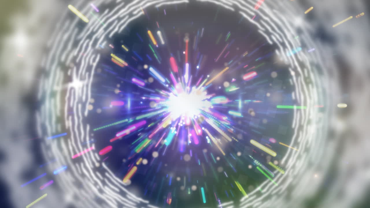 цифровая анимация вращающихся световых следов над красочными пятнами света на синем фоне