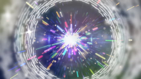 animación digital de senderos de luz giratorios sobre manchas de luz de colores contra un fondo azul