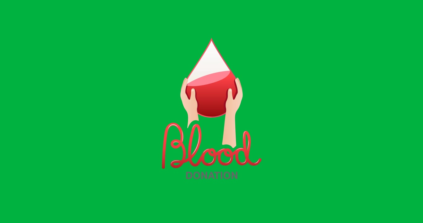 Tekstbanner for bloddonation og hånd, der holder et bloddråbeikon, mod sort baggrund