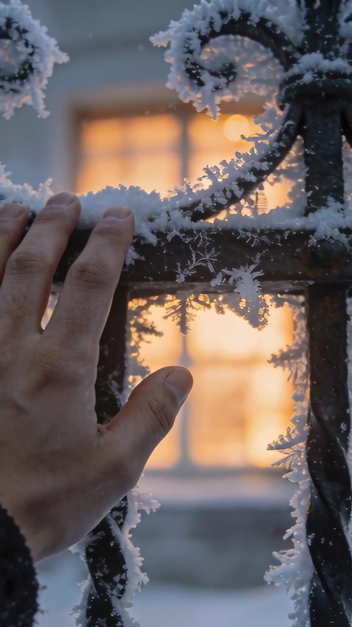 En hånd rækker ud og holder et frostbeklædt gelænder, der søger varme, med animeret frost, der smelter, hvor hånden rører.