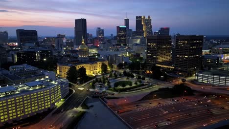 Georgia-state-capitol-building-in-Atlanta,-Georgia-at-night-with-drone-video-stable