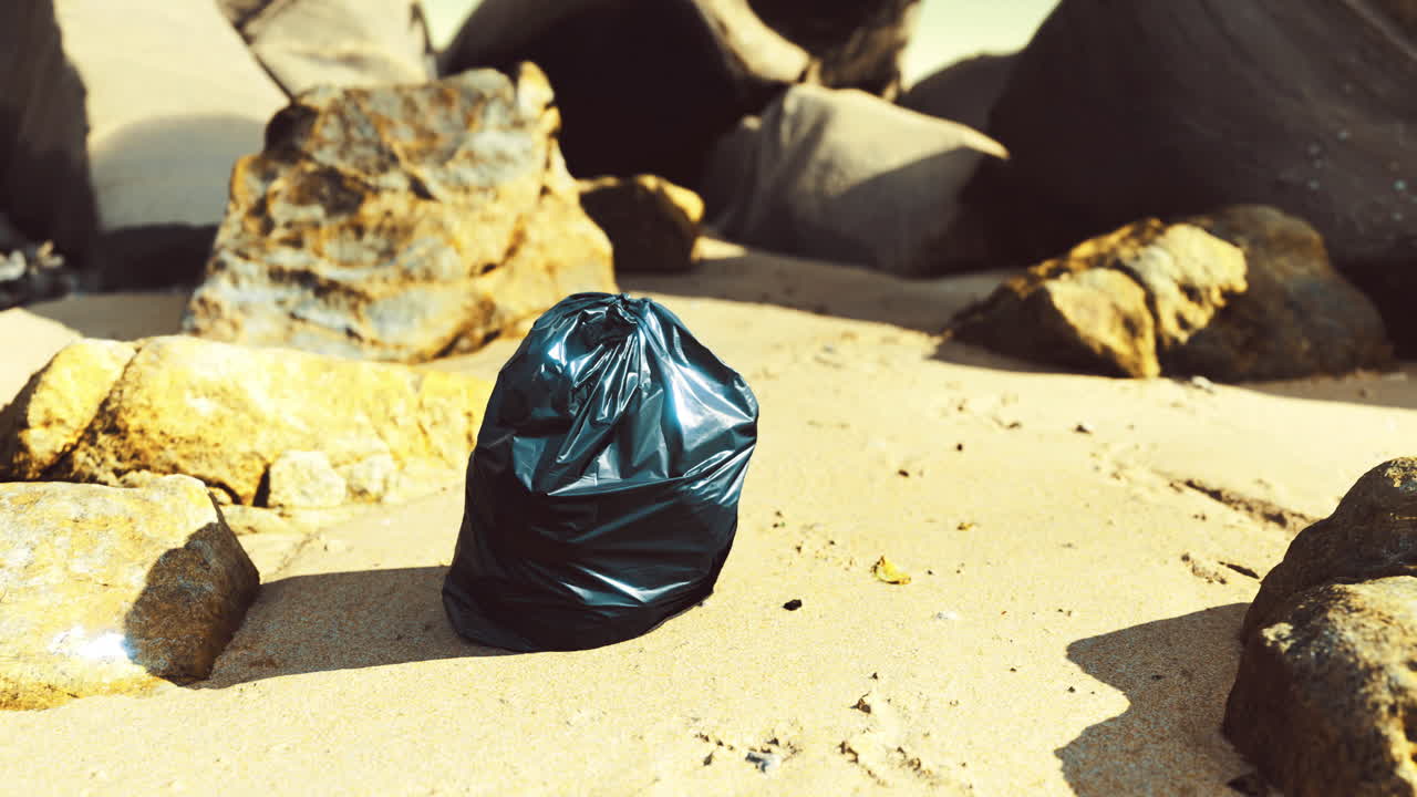 Trash bag left on a sandy beach surrounded by rocks during daylight hours