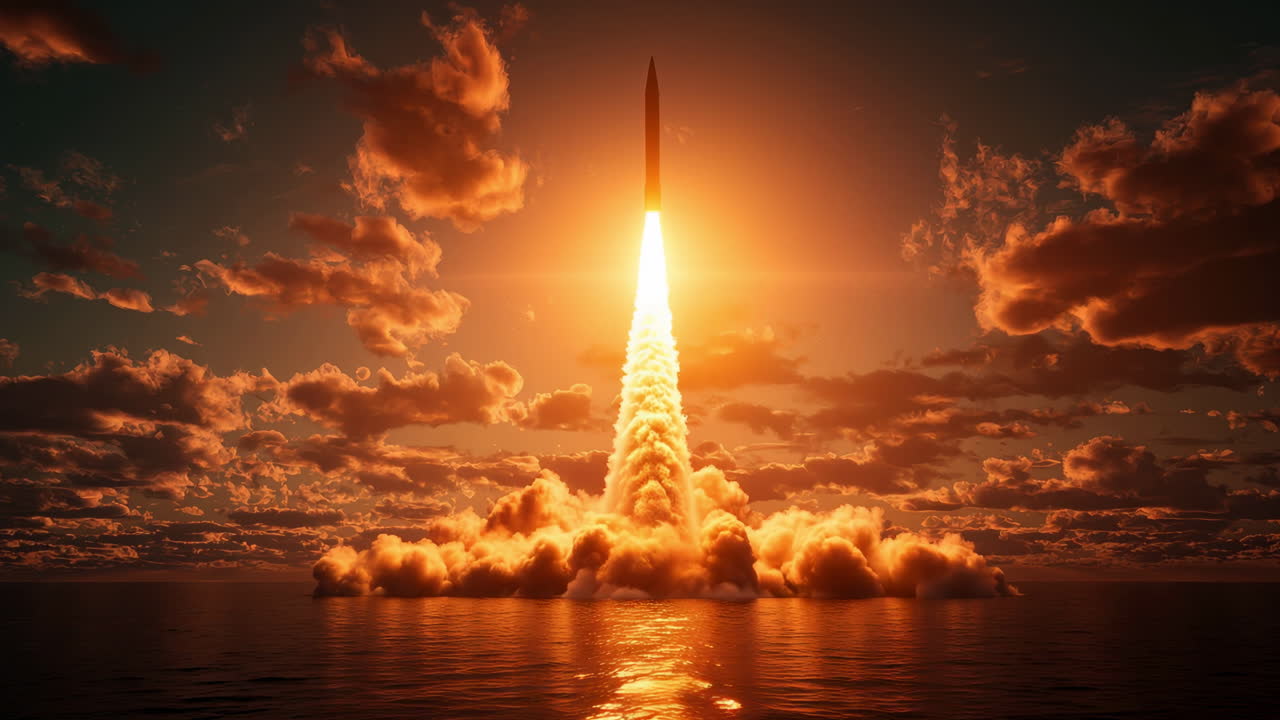 웅장한 로켓 발사는 아름다운 바다 전망을 배경으로 해가 지는 동안 이루어집니다.