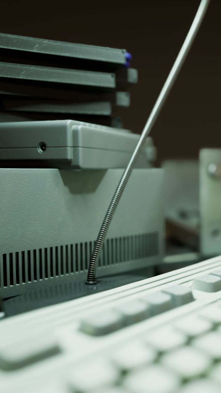 Old computer equipment on a desk showing wires and cables in a workspace