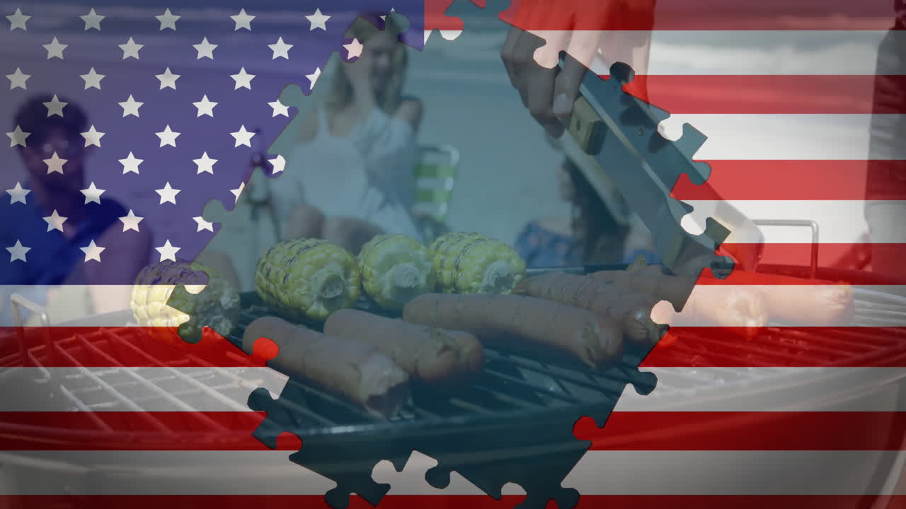 해변에서 바비큐를 하는 친구들을 드러내는 퍼즐과 함께 흔들리는 미국  ⁇ 발의 애니메이션