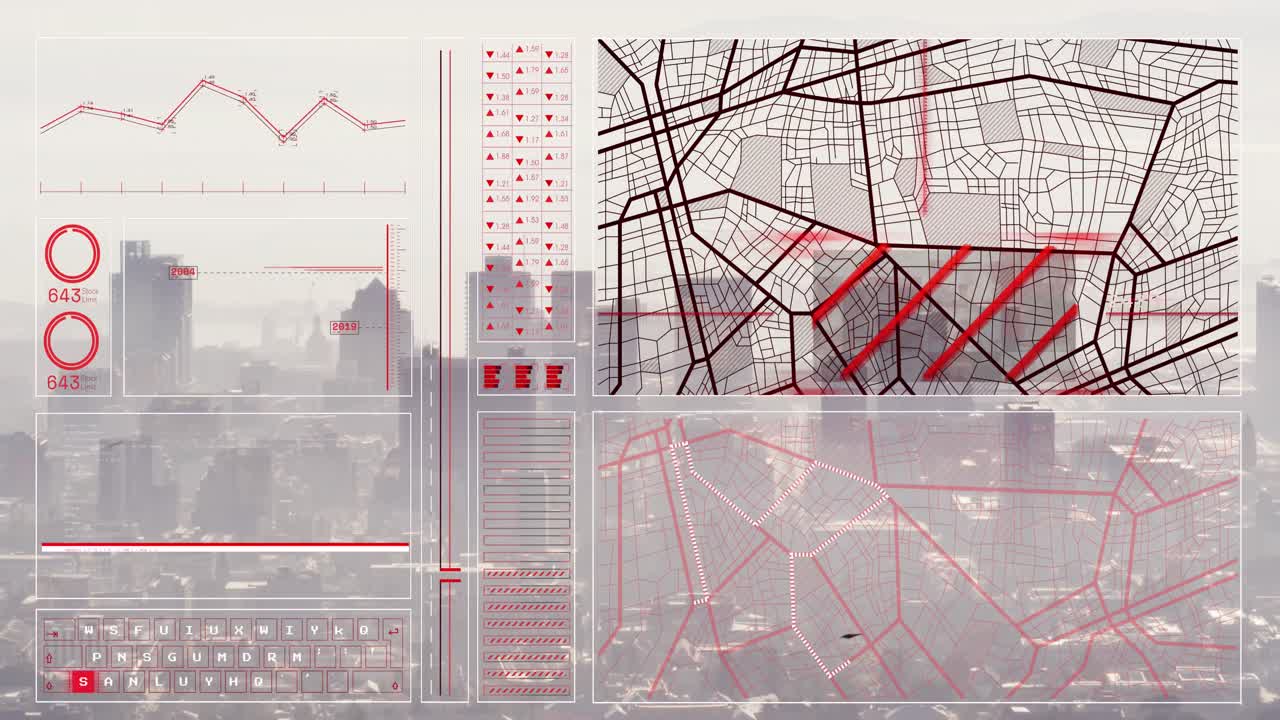 animación de la interfaz con el procesamiento de datos frente a una vista aérea del paisaje urbano