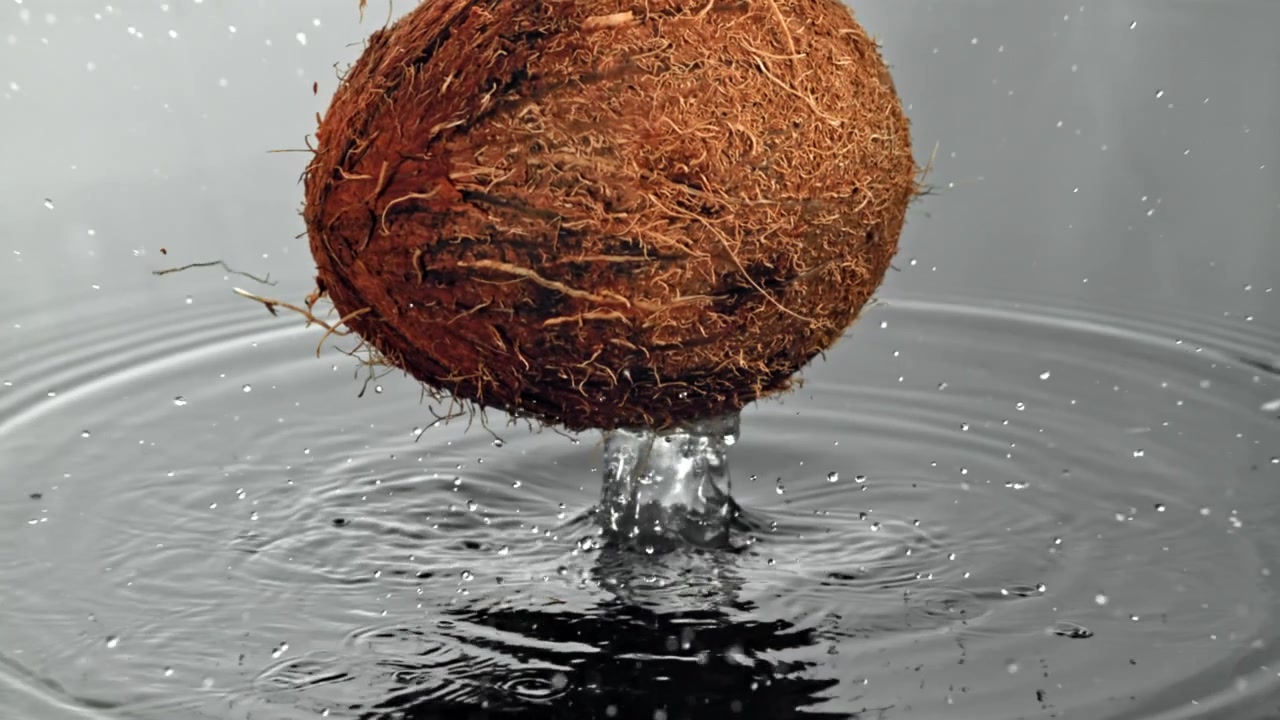 Slow Motion Coconut Dropping and Splashing into Water
