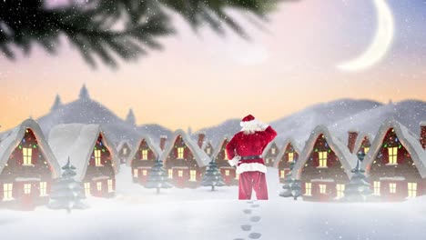 Santa-clause-in-front-of-decorated-houses-combined-with-falling-snow