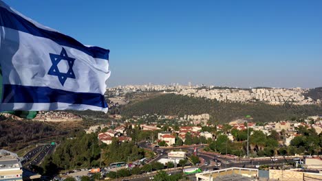 jerusalem landscape with israel flag, aerial view