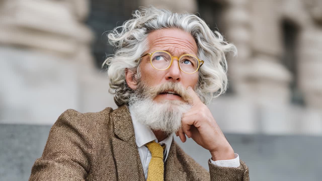 Een nadenkende oudere heer met kenmerkend grijs haar en bril, overpeinst het leven terwijl hij zit op een stenen bank in een stedelijke omgeving.