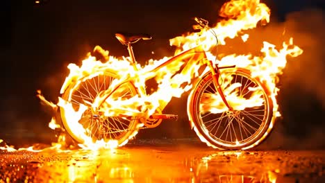 a bicycle with flames on the front wheel of it