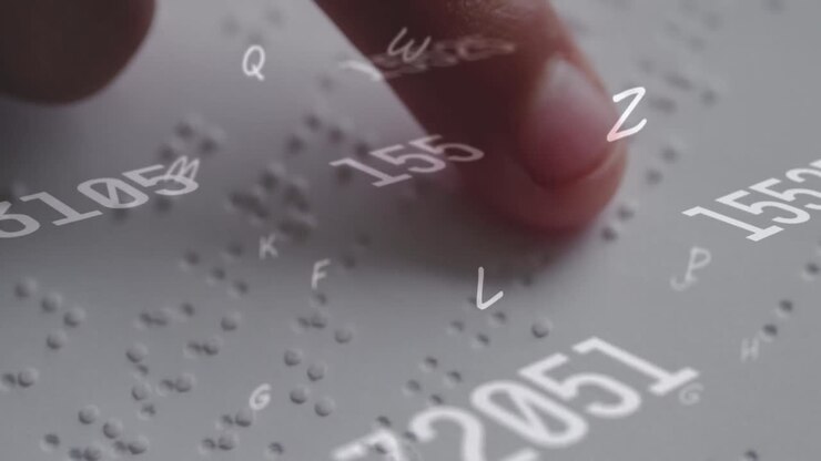 Digital animation of multiple changing numbers and alphabets against person reading a book in braill
