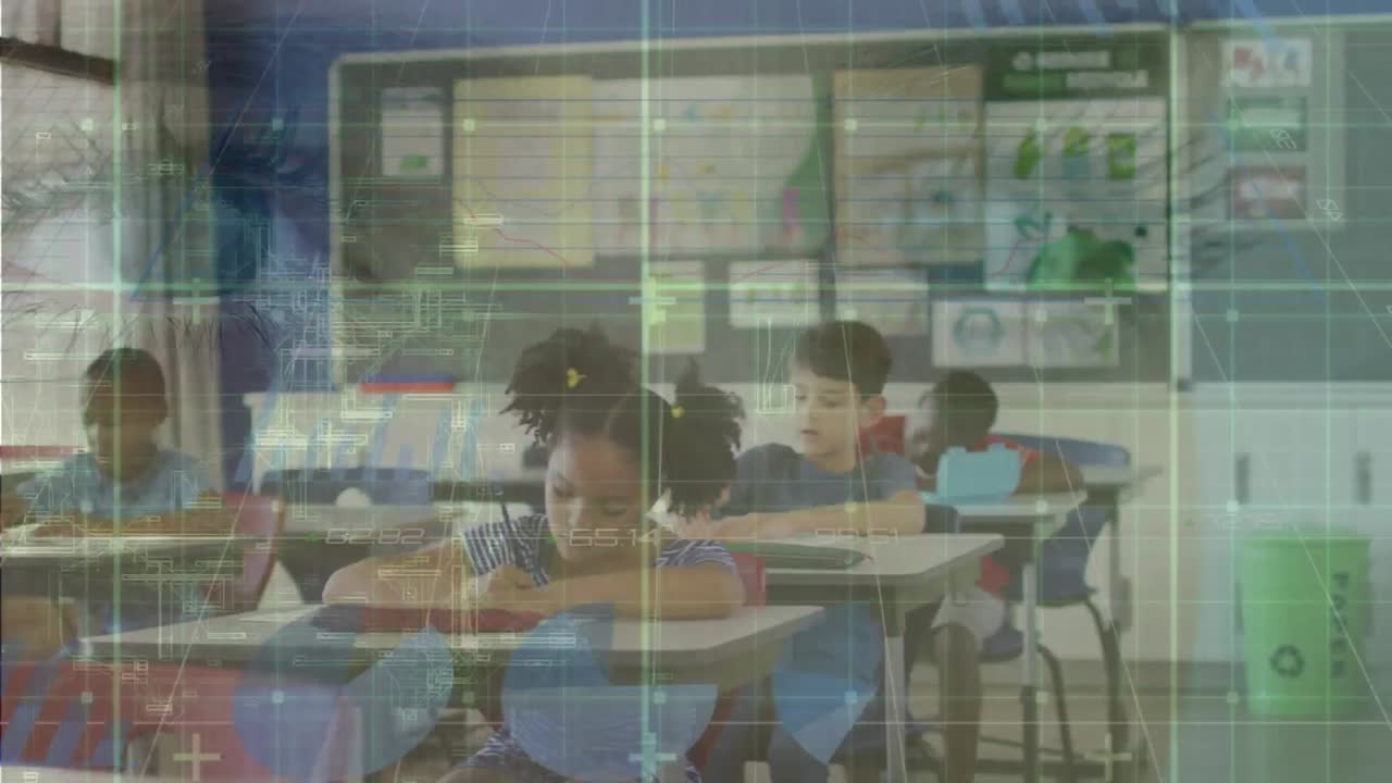 animación de los ojos sobre diversos escolares que escriben