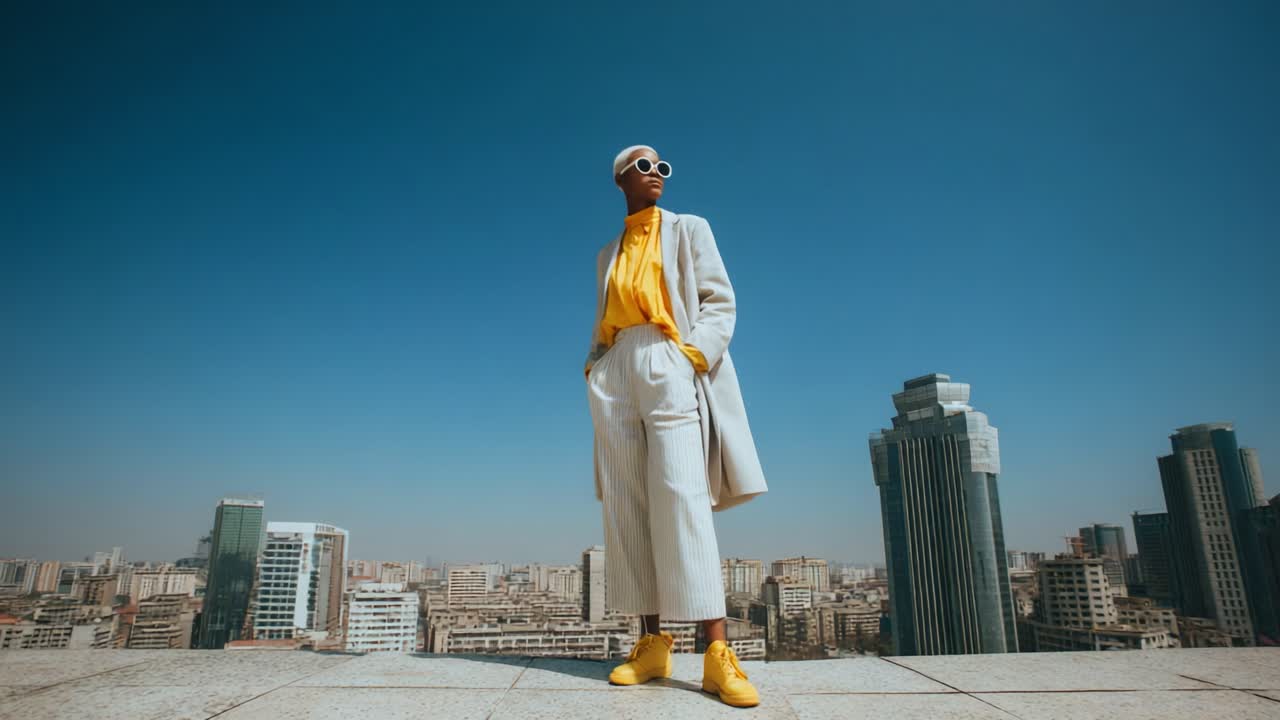 Una persona elegante posa con sicurezza su un tetto con vista su un vivace skyline urbano. Indossa un abito chic che combina tonalità di giallo e bianco, mentre la luce solare intensa esalta l'estetica moderna della scena.