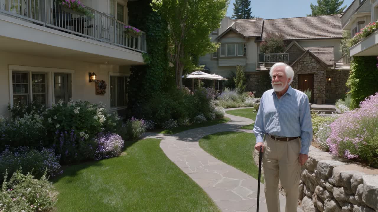 A Gentle Walk Through a Beautiful Garden Pathway: An Elderly Man Enjoys Nature's Splendor Amidst Vibrant Flowers and Lush Greenery