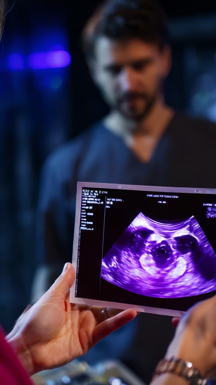 Una vista ravvicinata di un'ecografia tenuta in mano da una persona in un ambiente medico, con un professionista del settore medico sullo sfondo che osserva attentamente l'immagine