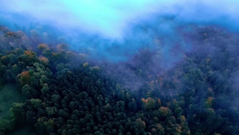 morning clouds and fog cover the alpine mountains in the morning