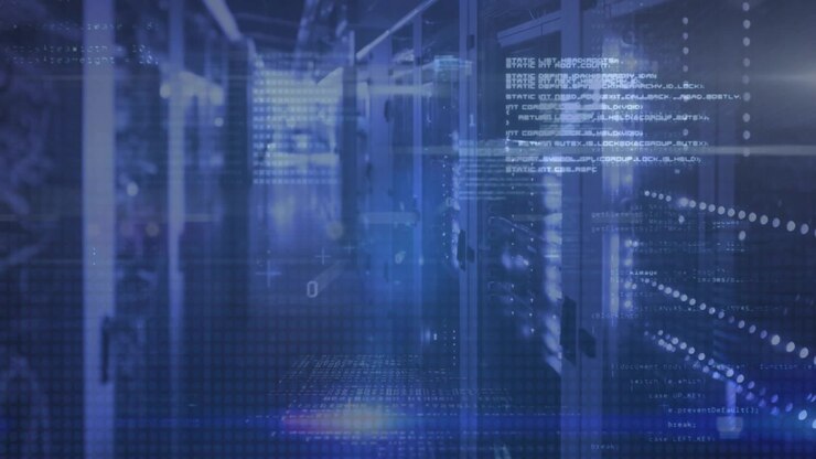 Animation of blue light trails and data processing against empty computer server room