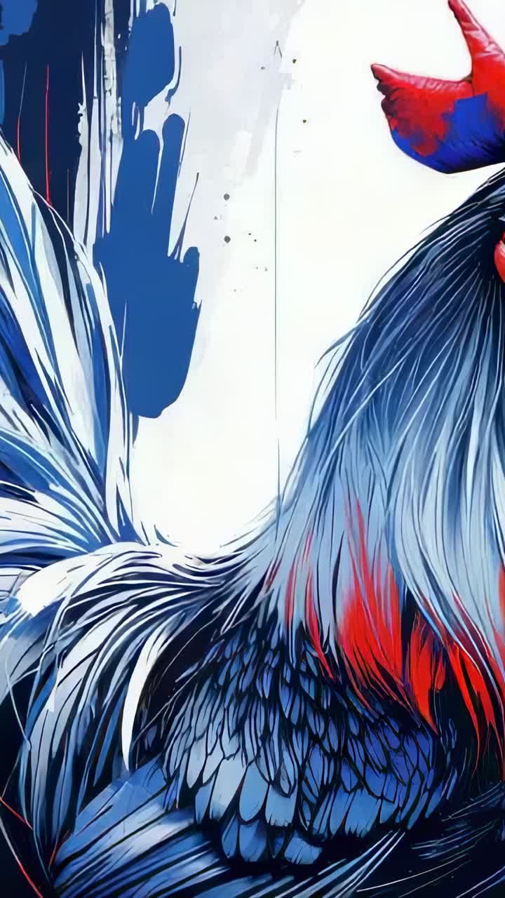 Vertical video: Opening shot framing rooster mural on art gallery wall, showing brushstroke details
