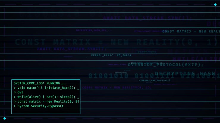 Cybersecurity Hacking Interface with Scrolling Code and System Logs