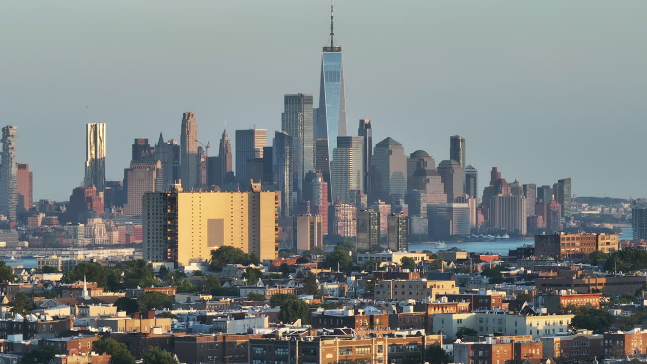 Aerial view of the World Trade Center at dusk. Shot in New Jersey looking towards Lower Manhattan