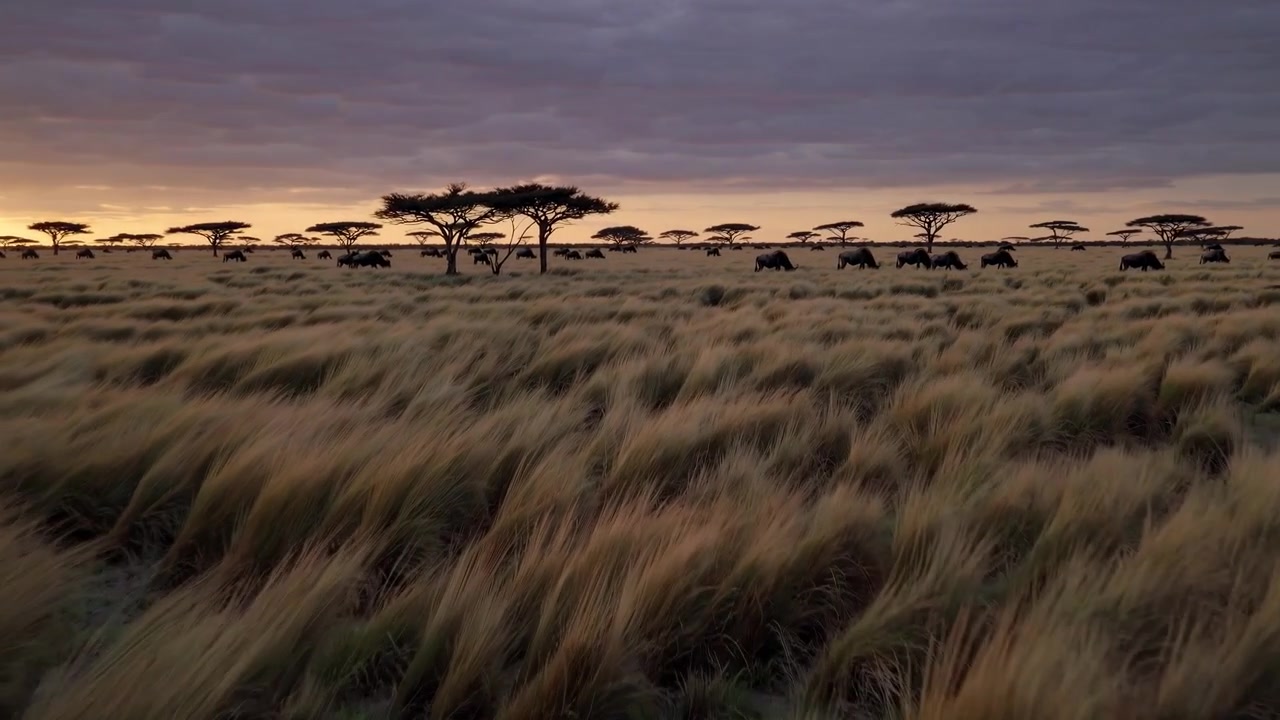 Gnuflokk som beiter på afrikansk savanne ved solnedgang