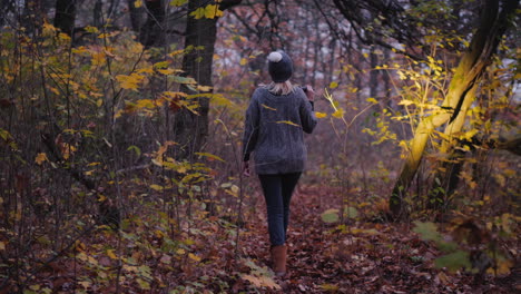 Eine-Frau-Mit-Einer-Taschenlampe-Geht-Durch-Einen-Dunklen-Wald-Auf-Der-Suche-Nach-Dem-Vermissen