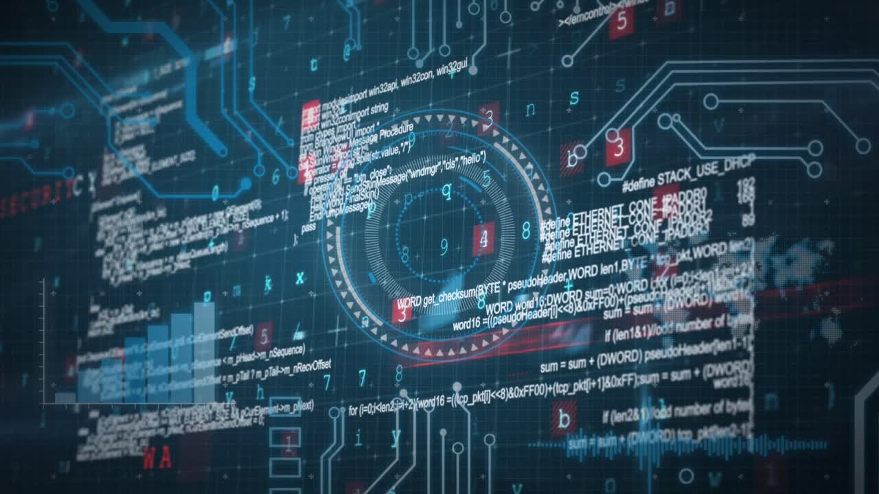 animación del círculo de procesamiento sobre circuito integrado y datos sobre el fondo de la marina