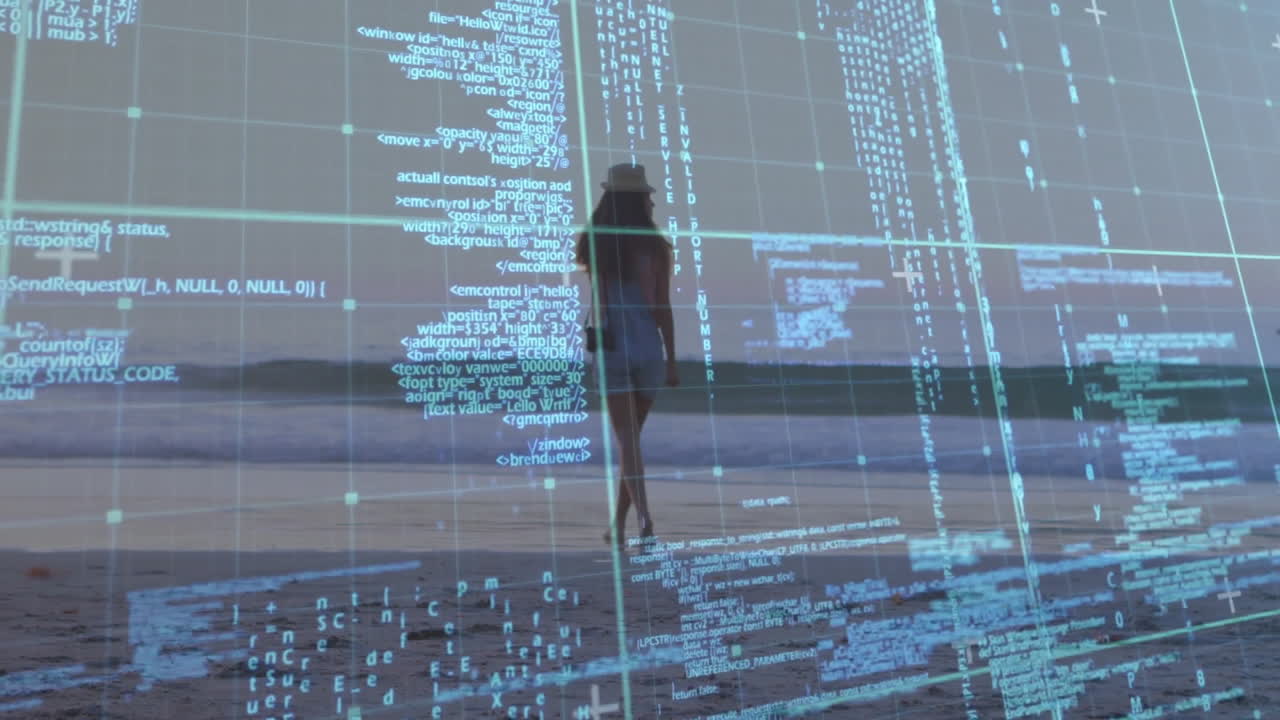 Animation of digital code overlaying woman walking on beach during sunset