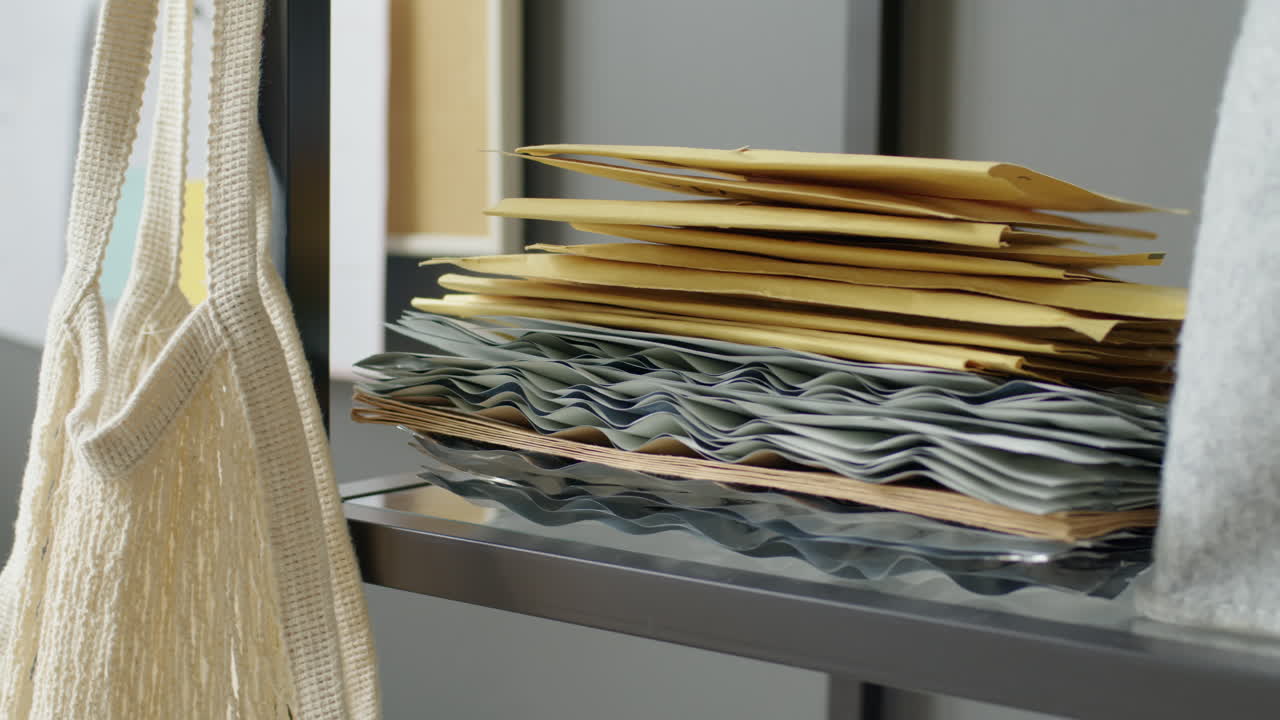 Stack of Envelopes and Documents on a Shelf