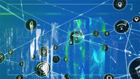 animación de gps digitales y iconos de red informática que se conectan con líneas a través de una interfaz gráfica