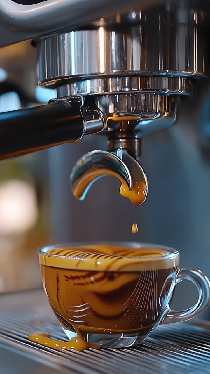 Una Cafetera Espresso Lujosa Preparando un Café Rico y Aterciopelado en una Taza de Cristal con Crema en Cascada, Resaltando el Arte de la Preparación del Café en Dos Impresionantes Tomas.