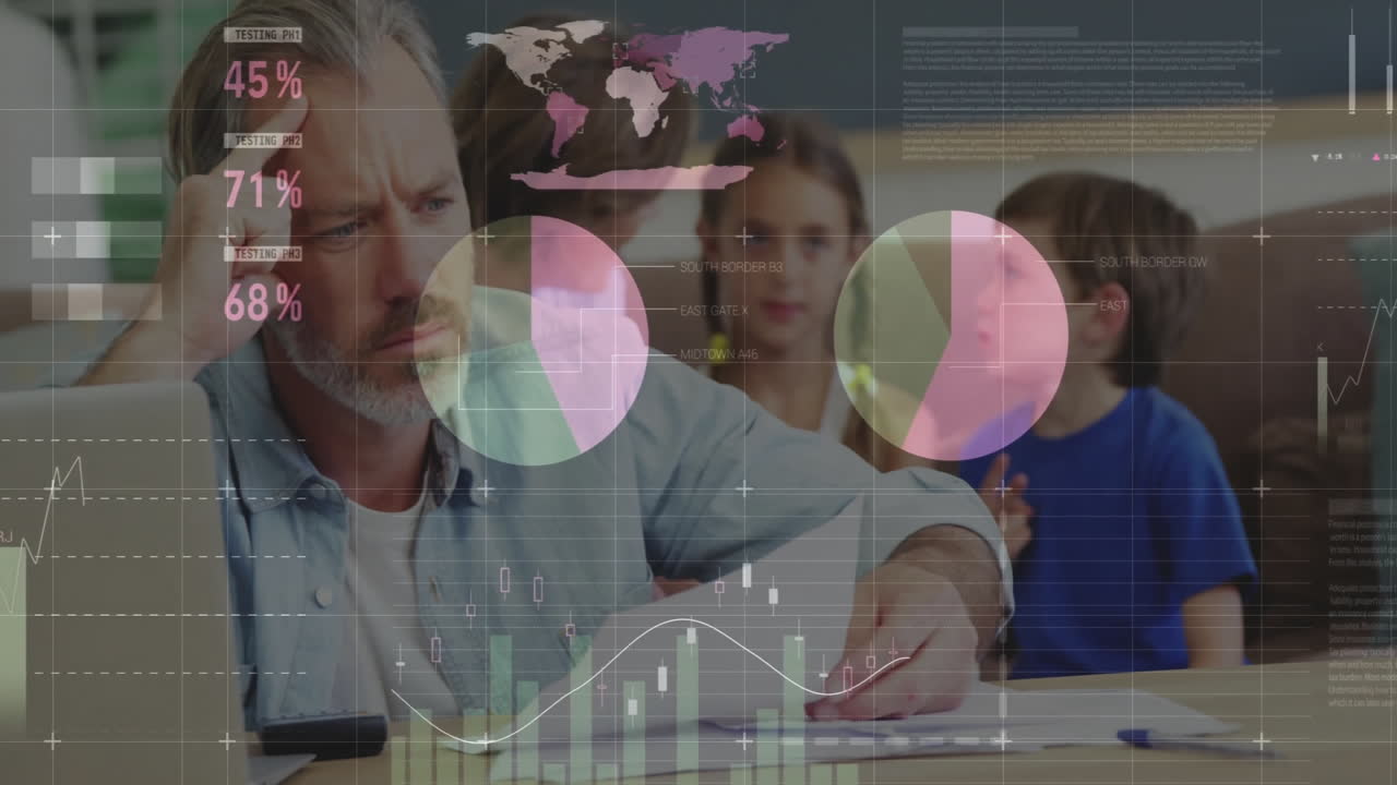 animación de procesamiento de datos y diagramas sobre padres caucásicos discutiendo con sus hijos