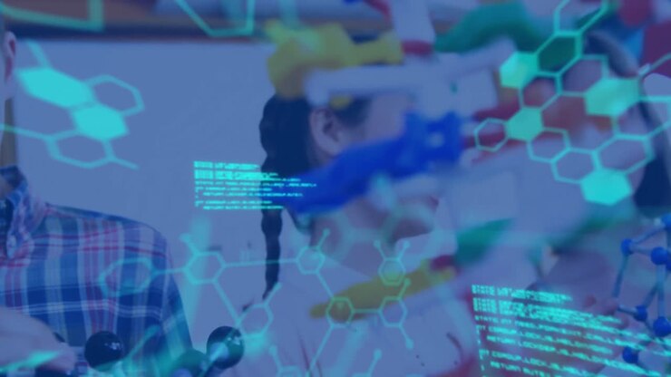 Animation of data processing and chemical formula over diverse schoolchildren and teacher