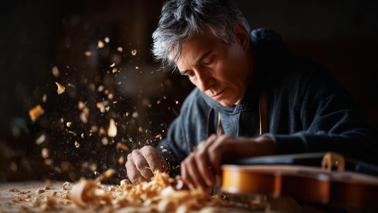 Artisan Craftsmanship: A Dedicated Luthier Shaping Wood into a Musical Instrument with Precision, Creating a Unique Guitar amidst a Shower of Wood Shavings