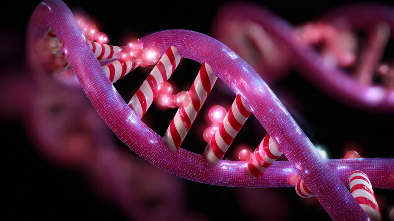 A Stunning Representation of a Candy-Themed DNA Helix with Colorful Striped Patterns and Vibrant Twinkling Elements, Showcasing an Artistic Fusion of Science and Imagination in 3D Animation