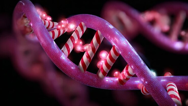 Una straordinaria rappresentazione di una doppia elica di DNA a tema caramelle con motivi a strisce colorate ed elementi scintillanti vivaci, che mostra una fusione artistica di scienza e immaginazione in un'animazione in rendering in 3D