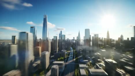 aerial view of an urban skyline showcasing modern architecture and lush landscapes highlighted by natural light in a serene urban environment