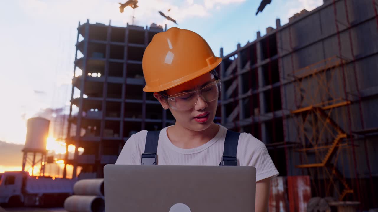 close up de una trabajadora asiática que usa gafas de protección y casco de seguridad usando una computadora portátil y que tiene dolor de cabeza mientras está de pie en el sitio de construcción