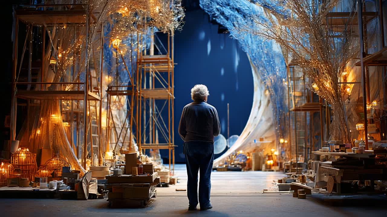 A solitary figure contemplates the magical transformation of an enchanting stage, illuminated by warm lights and intricate decorations, evoking a sense of wonder and imagination