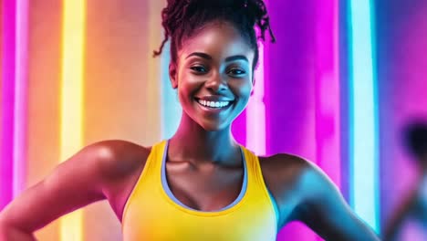 a fit african american woman in sportswear posing against neon lights