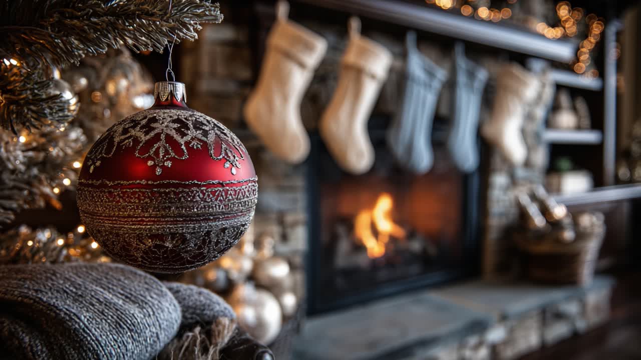 A Cozy Holiday Setting Featuring a Beautiful Red Ornament Hanging by a Stocking-adorned Fireplace, Capturing the Essence of Winter Warmth and Christmas Cheer