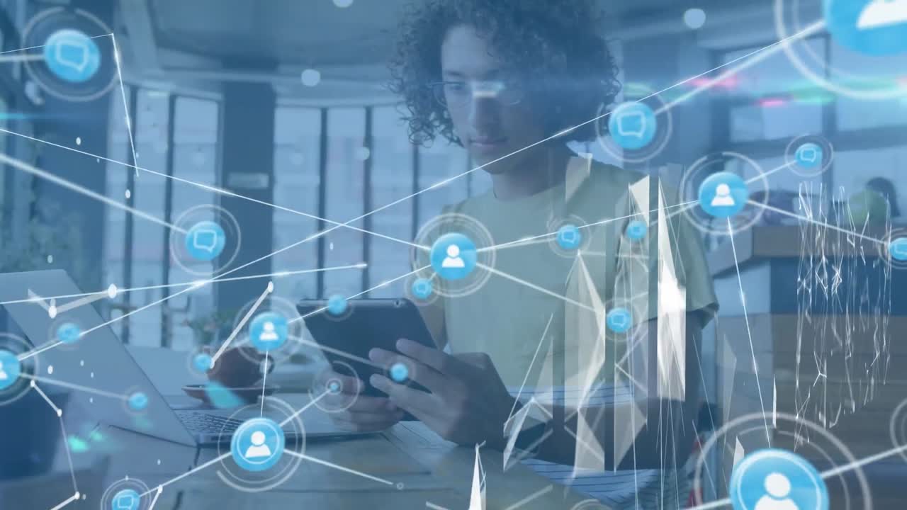 Animation of network of connections with icons over biracial man using tablet