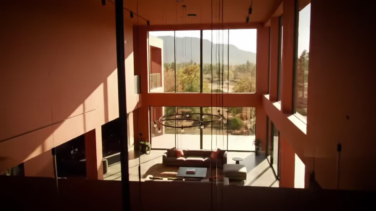 Bright Modern Living Room Design with Spacious Windows Overlooking Scenic Landscape in a Contemporary Home Setting