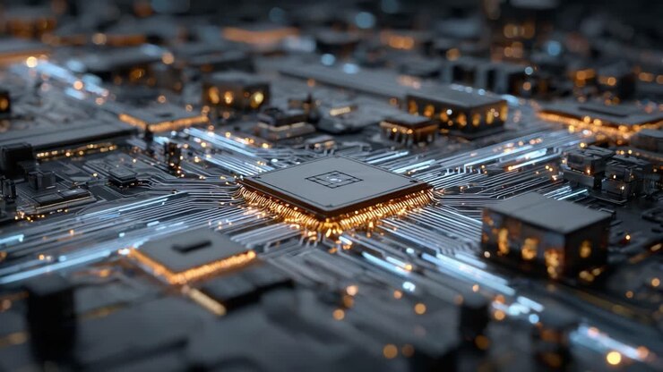 Nærbillede af en højteknologisk computerprocessor med indviklede printkortdesign og glødende forbindelser, der fremhæver moderne teknologi
