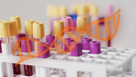 animation of orange dna strand over blood sample test tubes in rack