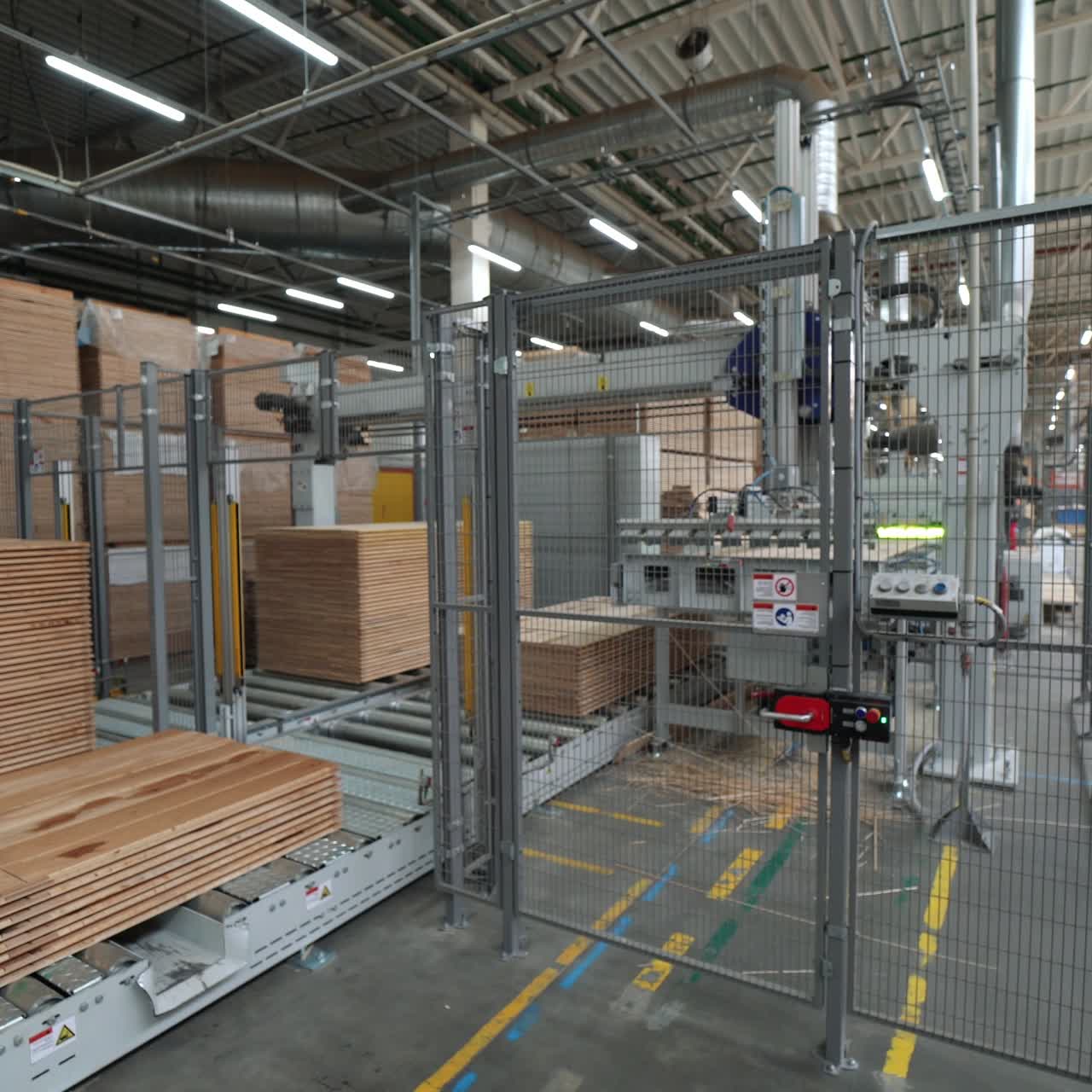 Industrial equipment for the production of parquet. Automation. Industrial interior.