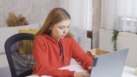 el estudiante está enseñando con una computadora portátil, investigando, encontrando ideas.