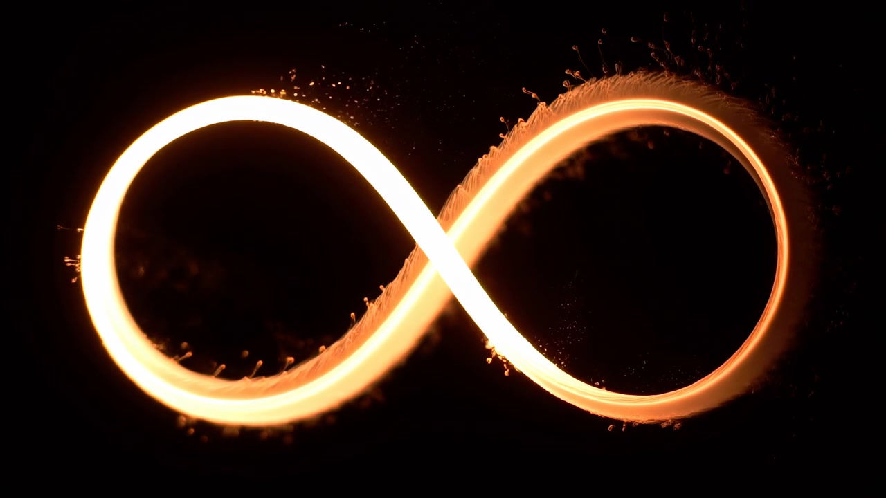 Two luminous trails twist into figure eight across deep black background, with white yellow glow, amber sparks, soft halo, textured droplets, and clean abstract energy composition, with light, glow