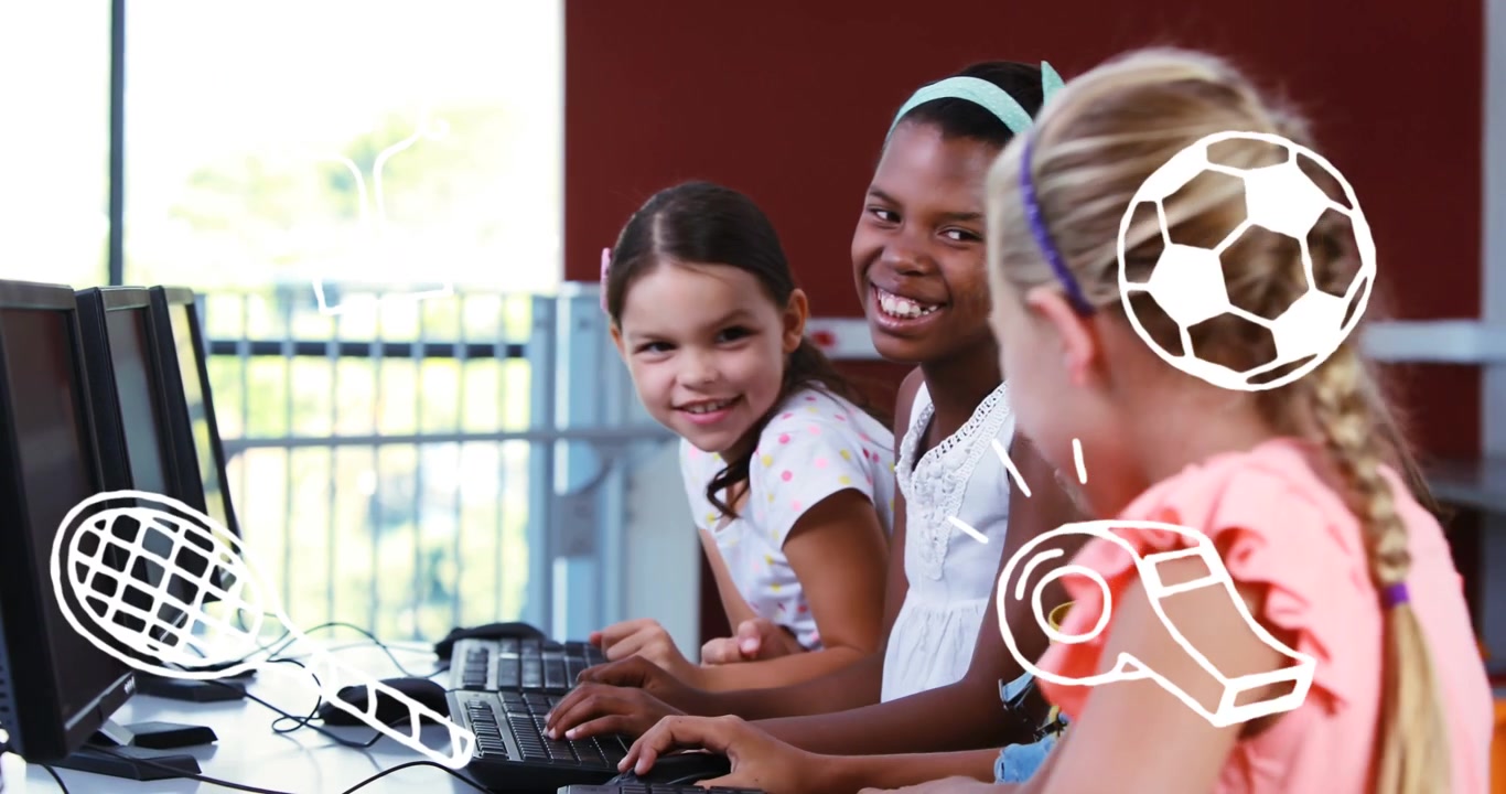 Animation of sport icons over diverse schoolgirls using computer